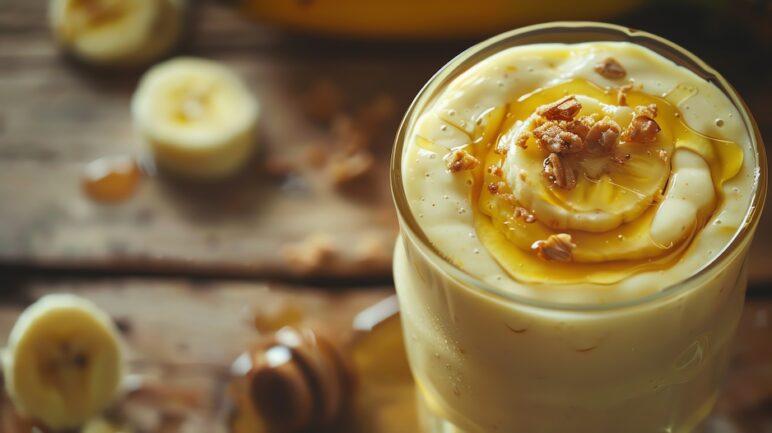 Nahaufnahme eines Bananen-Smoothies mit einem Strudel aus Honig obenauf, vor einem rustikalen Holzhintergrund.